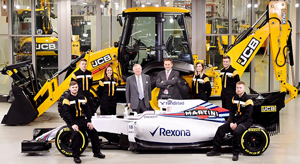 Pictured is JCB Chairman Lord Bamford (centre left) and JCB CEO Graeme Macdonald pictured with JCB apprentices (l-r) Kyle Hare , Charlie Trotter, Jade Holmes, Chelsea Saunders, James Mohan and Daniel Malbon at the announcement of the new partnership agreement between JCB and Williams Martini Racing. Dtae. 22.02.17