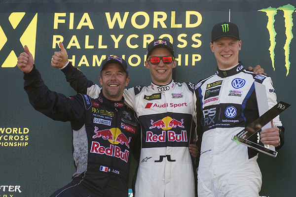 Mattias Ekstrom (SWE), Sebastien Loeb (FRA) , Johan Kristoffersson (SWE) celebrate the podium during the FIA World Rallycross Championship in Montalegre, Portugal on April 23, 2017 // Jaanus Ree/Red Bull Content Pool // P-20170427-01363 // Usage for editorial use only // Please go to www.redbullcontentpool.com for further information. //